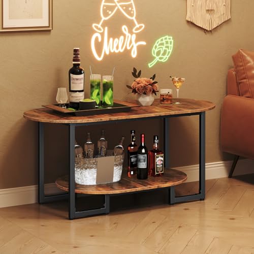 HOOBRO Coffee Table for Living Room, Oval Small Coffee Table with 2-Tier Open Storage Shelf, Industrial Cocktail Tea Table, Wooden Desktop Center Table, Farmhouse, Home Office, Rustic Brown BF09KF01 by HOOBRO - Image 3