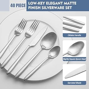 Heavy Duty Silverware Set, EIUBUIE 40-Piece Premium Stainless Steel Flatware Sets For 8, Matte Brushed Finish Cutlery Tableware Modern Kitchen Utensils Set for Home Restaurant, Dishwasher Safe Heavy Duty Silverware Set EIUBUIE 40 Piece Premium Stainless Steel Flatware Sets For 8 Matte Brushed Finish Cutlery Tableware Modern Kitchen Utensils Set for Home Restaurant Dishwasher Safe