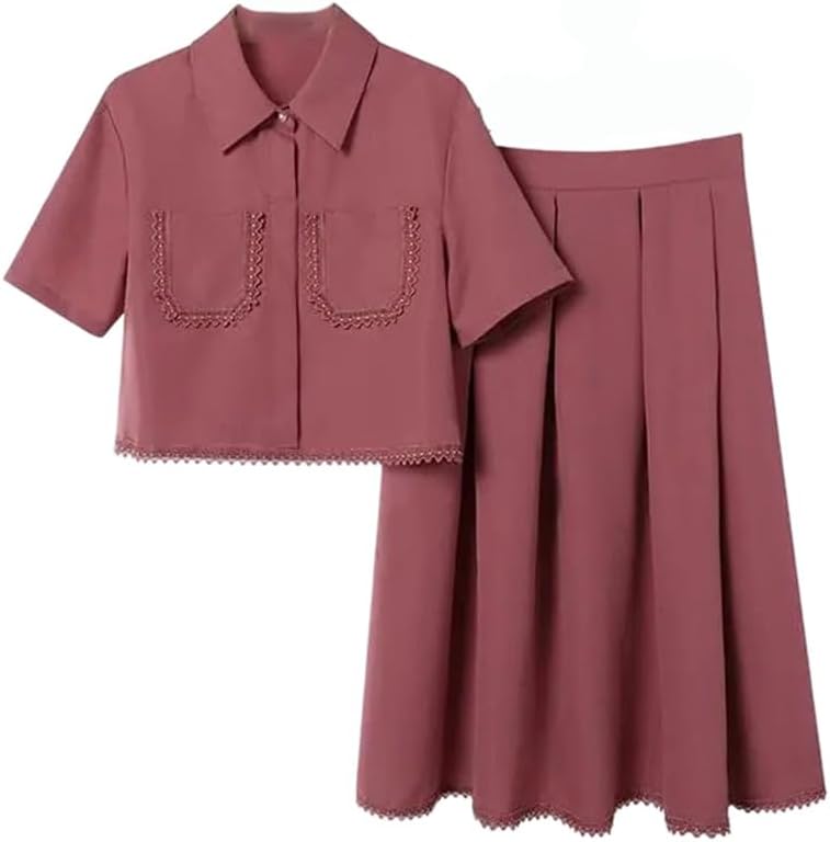 Women's Elegant Skirt Suit Casual Short Sleeve Cropped Shirt And Pleated A-Line Skirt Two Piece Set