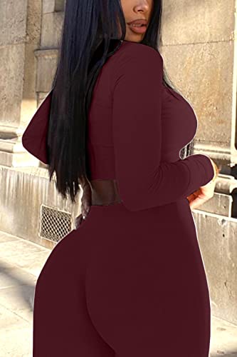 Mulisky Women’s Bodycon Tracksuit 2 Piece Outfit Crop Top High Waist Pants Sweatsuit Set Club Jumpsuits Wine1 L #TOP1