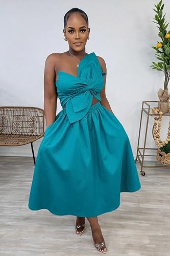 Image of YUEWOO Midi Dresses for Women Casual Summer Sundresses Vacation Outfits Spaghetti Strap Smocked Women Maxi Dress with Pockets