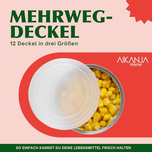 AIKANJA Home | Dosendeckel/Konservendeckel - 12 Stück, Deckel in 3 verschiedenen Grössen, Universaldeckel aus transparenten Kunststoff für Lebensmittel/Tierfutter 400g Dosen / 800g Dosen