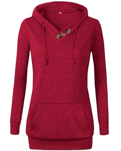 VOIANLIMO Women's Sweatshirts Long Sleeve Button V-Neck Pockets Pullover Hoodies Burgundy XL