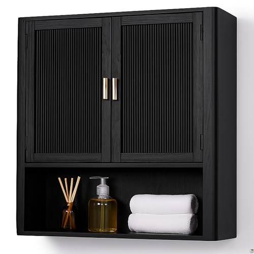 AN68 Pre-Assembled Wall Mounted Medicine Cabinet – 2-Door Bathroom Storage Cabinet with Fixed Shelf, Space-Saving Over-The-Toilet Organizer for Small Bathrooms, Living Room, Kitchen or Laundry (Black)