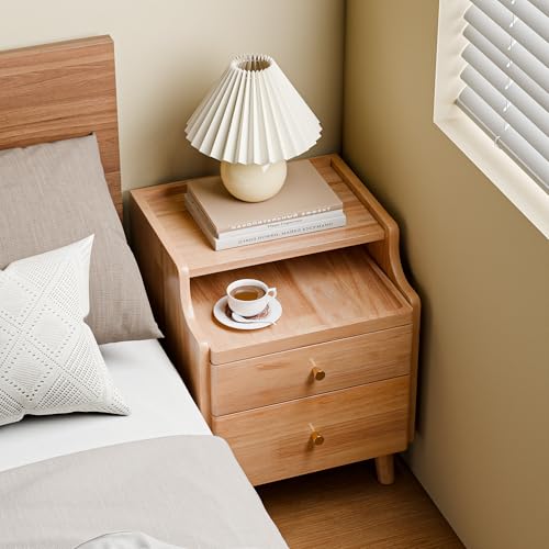 Image of Nightstand with Drawers, Pre-Assembled, 19.7 inch H Natural Solid Wood Night Stand with Open Sliding Shelf, Mid Century Modern Small Bedside Table Cabinet for Bedroom, Natural Oak 16 inch