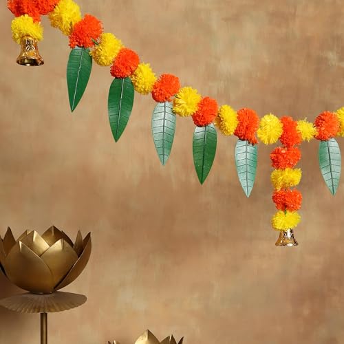 Image of Akaar Decor Artificial Marigold Bandhanwar Door Hanging Toran | Diwali Decoration Items for Home Decor| Festive Decor| Office Decor| -(L:Approx. 3.5ft)-with Mango Leaves Decoration (Multi)