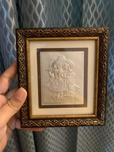 Image of 999 Silver Radha Krishna Wooden Photo Frame | Govind, Gopal, Kanhaiya Wall Hanging Divine Tasveer for Home Mandir, Puja, Office, Return Gift, Housewarming, Anniversary- 15x12x2 CM