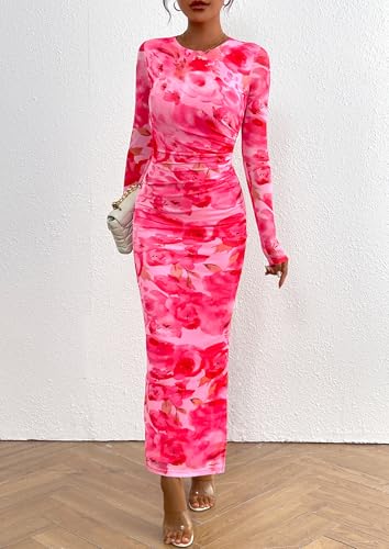 Image of PRETTYGARDEN Women's Floral Bodycon Maxi Fall Dress | Sheer Mesh, Boho Tie Dye, Long Sleeve Fitted, Ruched Waist, Wedding Guest, Cocktail Party Holiday, Elegant Spring Outfits