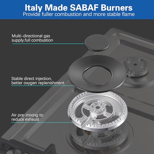 36 inch Gas Cooktop with Grill/Griddle, Gas Stove Top with 5 Italy Sabaf Sealed Burners, Max 48,300 BTU Built-in Propane Stove, 304 Stainless Steel Propane Cooktop, NG/LPG Convertible, CSA Certified