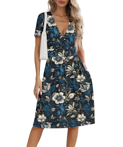 Image of NILOUFO Women's Summer Short Sleeve Casual Dress Wrap V Neck Party Midi Dresses with Pockets