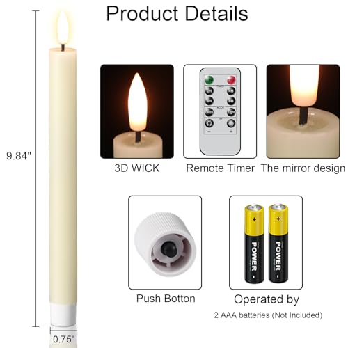 Image of Flameless Taper Candles with Remote, Set of 3 Real Wax LED Taper Candles Battery Operated with 3D Wick, Flameless Candlesticks for Halloween Christmas Holiday Decor(0.75 inchx9.8 inch)