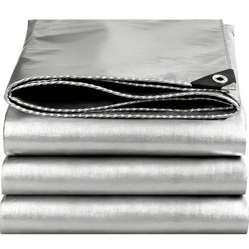 EEATUZTL Lonas Impermeables Exterior 4x5m, Lonas de Exterior Reforzado PE con Ojales, Duradera Toldo Impermeable para Jardín, Piscinia, Terrazas, Vehículos, Coche, Muebles, Leña (Plata)