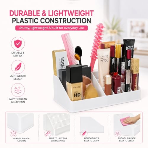 Image of Lazer Plastic Makeup Organizer for Vanity & Bathroom | 16 Compartment Cosmetic Storage Box for Lipsticks, Brushes, Makeup, Skincare & Desk Accessories | White