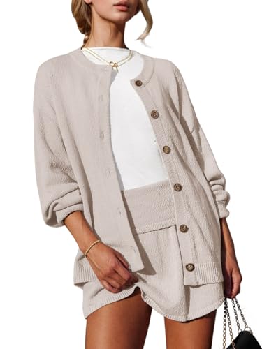 Image of Tankaneo 2 Piece Sweater Sets for Women Long Sleeve Cardigan Outfits Mini Skirts Knit Matching Lounge Set
