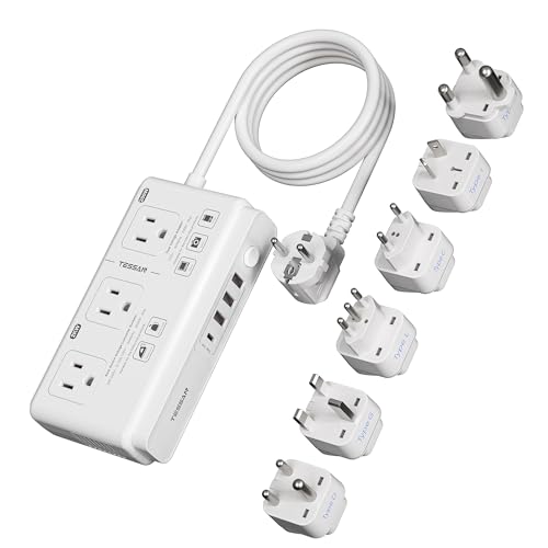 Image of TESSAN Voltage Converter US to Europe 220 to 110, Universal Travel Adapter | 4 FT, 4 USB Ports (1 USB C), 3 AC and EU UK AU IT IN ZA Plug Power Adapter, Step Down Transformer