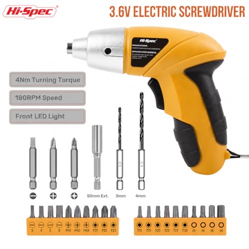 Image of Hi-Spec Small Electric Screwdriver, Mini Drill Set, Rechargeable 3.6V Cordless Screwdriver with 26 Driver Bits, Power Tool for Small Projects & Home Use, Red (Yellow)