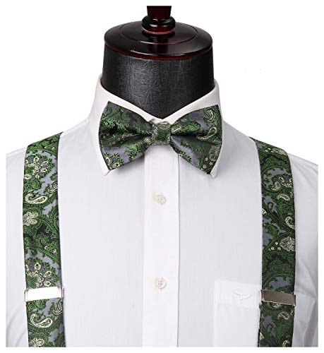 Image of HISDERN Suspenders for Men Paisley Floral Bow tie Suspender Pocket Square Sets Adjustable Y Shape 6 Clips Wedding Braces