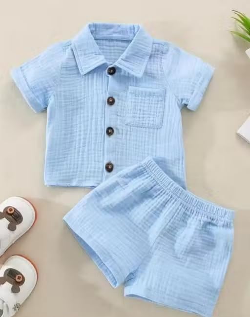 DOLZIO FAB Muslin Cotton Shirt and Shorts Set, Light Blue, Button-Up Top with Chest Pocket, Elastic Waist