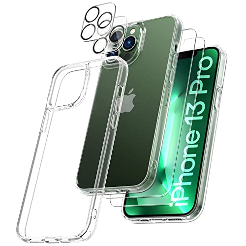 TOCOL [5 en 1 Protection pour iPhone 13 Pro, 1 Pcs Coque iPhone 13 Pro Antichoc + 2 Pcs Verre Trempé + 2 Pcs Protection Objectif, Mince Silicone Étui Soutenir Chargeur sans Fil - Transparente