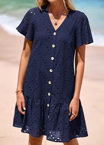 Image of KIRUNDO Eyelet Dresses for Women Button Down Mini Babydoll