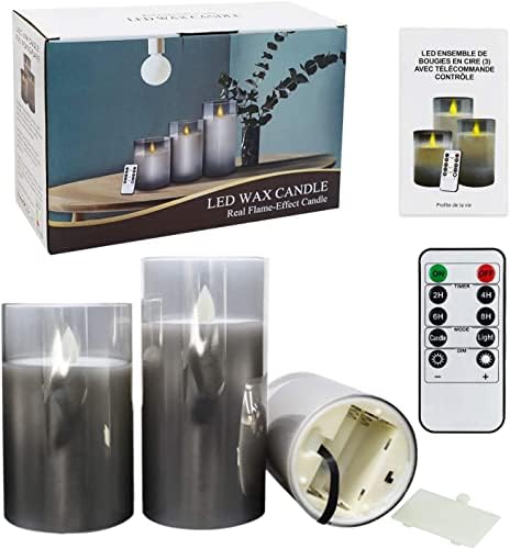 YMing LED Candles Flameless Candles 4"5"6" Set of 3 Real Wax Light, Battery Operated Candles Gray Glass Pillars Realistic Flickering Wick Flame Mode, Lantern Candles with Remote Control 24 Hour Timer