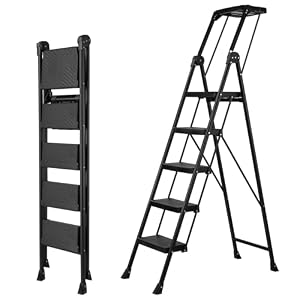 XinSunho 5 Step Ladder, Heavy Duty Steel with Foldable Handrail & Tool Tray