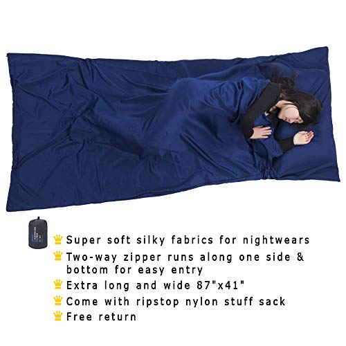 Browint Sleeping Bag Liner with All Around Two-Way Zipper, Travel Sheet with Pillow Pocket, 87"x41" Extra Wide Travel Sleep Sheet for Hotel, Lightweight, Super Soft Silky Fiber Camping Sheet, Multifun - Thumbnail 4