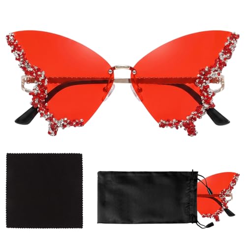 HIVTE Lunettes de Soleil Sans Monture en Forme de Papillon avec Strass, Vintage et Mode, pour Festivals et Fêtes, Accessoire avec Étui, Rouge Éclatant