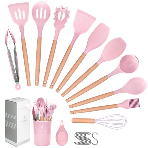 Howephofly Küchenutensilien Set BPA-Frei, 23 Stücke Silikon Küchenhelfer Set, Antihaft Kochgeschirr, Hitzebeständiger Kochlöffel Set mit Holzgriff, Utensilienhalter und 10 S Haken (Rosa)