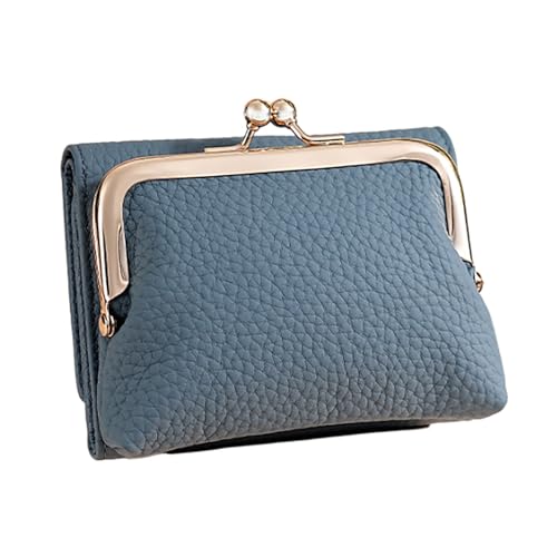 Portefeuille court pour femme bleu en cuir PU avec compartiment à monnaie rigide