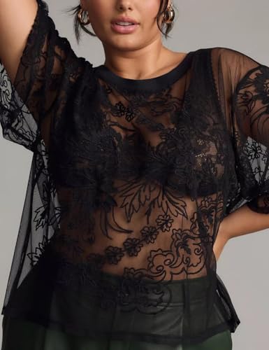 Arssm Womens Lace Mesh Top Short Sleeve Floral Embroidered Sheer Blouse Sexy See Through Lace Layering T-Shirts3