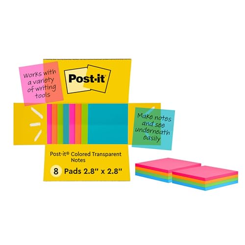 Post-it Transparent Notes, 2.8 x 2.8 in, Blue, Pink, Green, Orange, 8 Pads | School Supplies, Office Products, Great for Studying - image 1