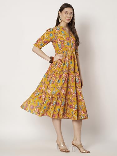 Image of Dress for Women | One Piece for Women | Long Stylish Women Dress Fit & Flare Maxi Dress, Cotton Summer Calf Length Dress