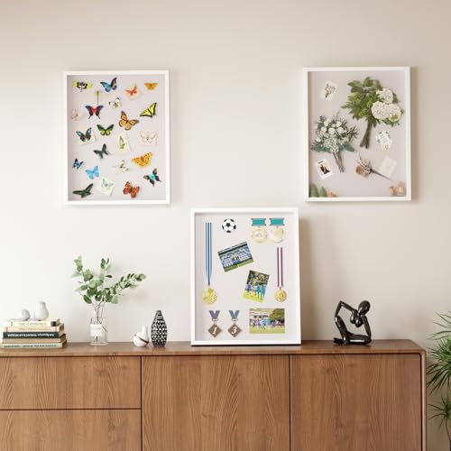 Image of Muzilife 16x20 Shadow Box Frame in White with MDF Wood Frame and Soft Linen Back, Large Shadow Box Display Case for Memorabilia, Photos, Flowers for Wall or Tabletop Display with 8 pins