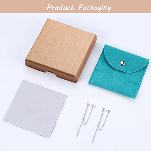 18K White Gold Plated 925 Sterling Silver Chain Stud Earrings For Women, Bar Dangle Long Earrings Hypoallergenic Jewelry Gift #TOP5