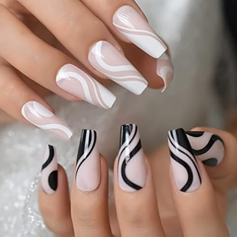 Long Coffin False Press On Nails Pink Black White Abstract Swirl Fake Nails Ballerina Full Cover Gel Glossy Acrylic Nail Tips Cover