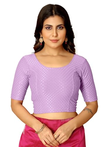 Image of Amazon Brand - Anarva Round Neck Dobby Cotton Lycra Stretchable Elbow Half Sleeve Readymade Saree Blouse for Women Stylish