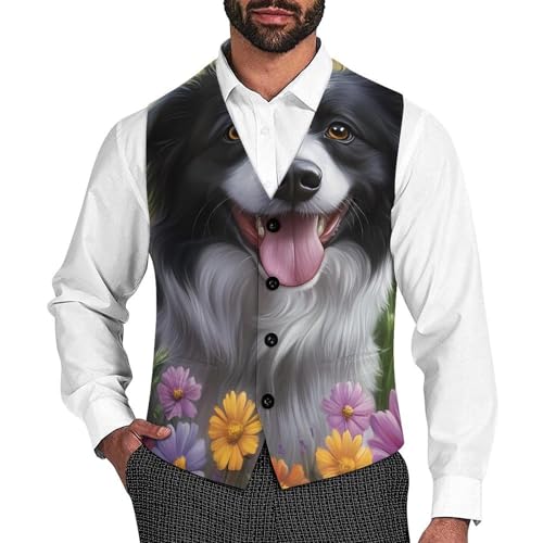 Collie Dog Flowers Men's Suit Vest Slim Fit Business Dress Party Pattern Waistcoat Vest Top