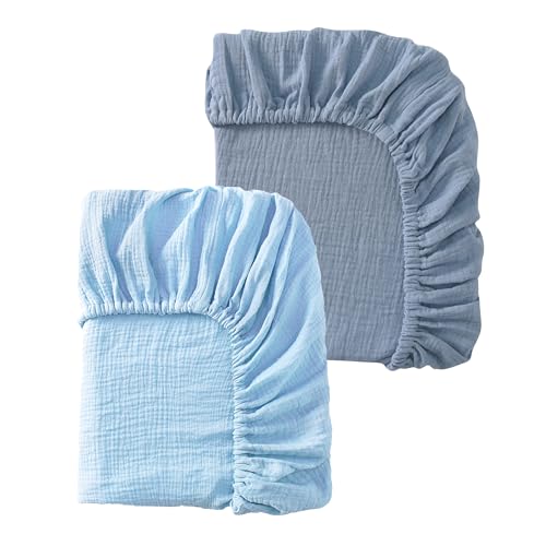 Image of TADO MUSLIN Baby Crib Sheets 2 PCS, 100% Organic Cotton Fitted Crib Sheet for Standard Crib Mattress (52 inchx28 inch), Soft and Breathable for Girl and Boy Blue