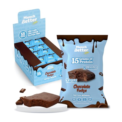 Munch Better Chocolate Fudge LEAN Protein Brownies, 12 Count – 15g Protein, 7g Collagen, 140 Calories, 1g Sugar, Gluten-Free, Soft-Baked Chocolate Brownies