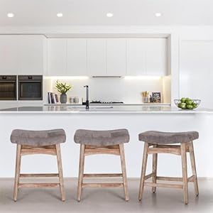 Sophia & William Counter Height Bar Stools Set of 3 Saddle Kitchen Stools with Sturdy Wooden Legs, 24″ Vintage Lacquered Feet Linen Seat Dining Bar Stools,Counter Island Upholstered Stools,Grey