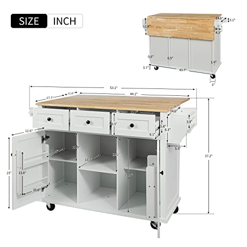 Polibi Kitchen Cart with Rubber Wood Drop-Leaf Countertop,Cabinet Door Internal Storage Racks,Kitchen Island on 5 Wheels with Storage Cabinet and 3 Drawers for Dinning Room(White)