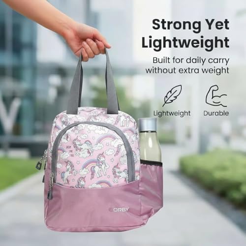 Image of ORBY Lunch Bag Unicorn Lavender | Water-Repellent Durable Fabric | Tiffin Bag with Bottle Holder & Front Pocket | Strong Zipper & Spacious Meal Storage (Unicorn Pattern, Lavender)