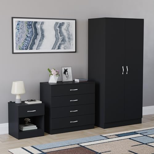 Vida Designs Riano 3 Piece Bedroom Furniture Set - 1 Drawer Bedside Chest 4 Drawer Chest 2 Door Wardrobe - Black