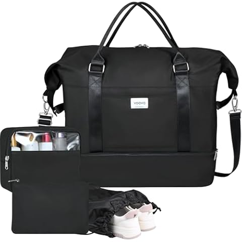 Voova Weekender Bags for Women, Large Travel Duffle Bag for Personal Item Travel with Shoes Compartment, Carry On Overnight Bag with Toiletry Bags 4 Pack Set for Men, Gym, Hospital, Yoga (Black) Cover