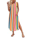 AUSELILY Vestidos Largos Mujer Verano Maxi Sin Mangas Informal Vestido de Playa con Bolsillos Raya del Arco Iris S