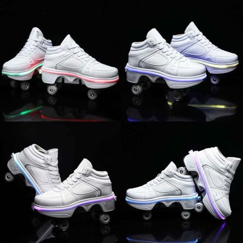 Image of Automatic Shoes Double-Row Deform Wheel Skate for Walking and Skating Invisible Deformation Roller Parkour Retractable Children's Shoes That Turn Into Rollerskates (36, LED White)