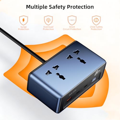 Image of Hoteon Extension Board with Surge Protection, 45W USB-C PD Fast Charging (GaN), 10A /2500W Spike Guard, 2 Universal Sockets, 2 Type-C + 1 USB-A, 2m Extension Cord with Indian 3-Pin Plug for Home /Office