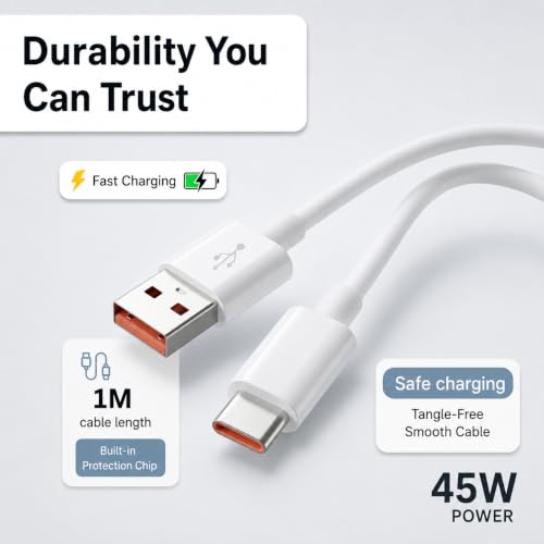 Image of 45W Flash Charging USB Type-C Cable Compatible with Infinix Note 50X, Note 50 Pro+, Note 40 Pro+, Note 40 Pro, Note 40, GT 20 Pro, Zero 40, Zero 30, Smart 9, Hot 50 Series, 1 Meter White