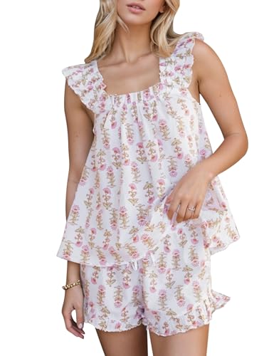 Image of Kissonic Womens Ruffle Pajamas Set 2 Piece Summer PJs for Women Floral Pajama Ruffle Trim Cami Top and Shorts Lounge